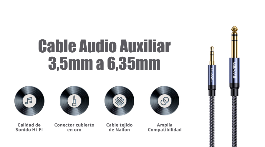 Cable Audio Auxiliar 3,5mm a 6,35mm Negro de 1.2m // USSJ539 – USAMS PERÚ