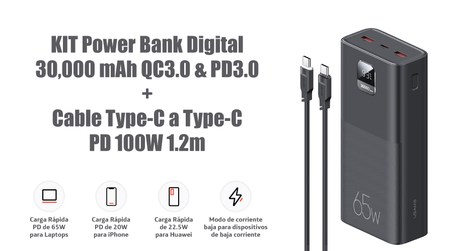 PowerBank KLACK de 50000mAh, 65W, USB-C, Cargador portátil con